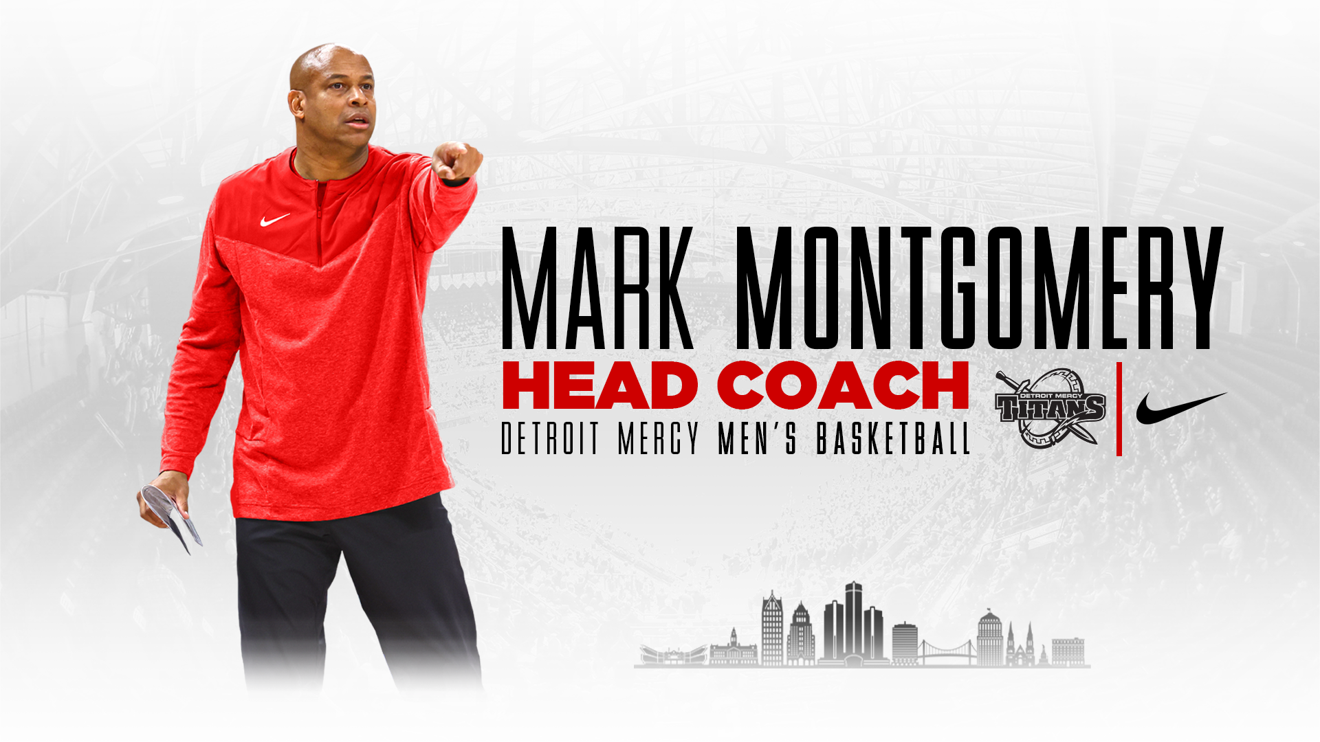 A graphic featuring a photo of Mark Montgomery, with text reading Mark Montgomery, Head Coach, ɫۺϾþ Mercy Men's Basketball and featuring logos for ɫۺϾþ Mercy Titans and Nike.