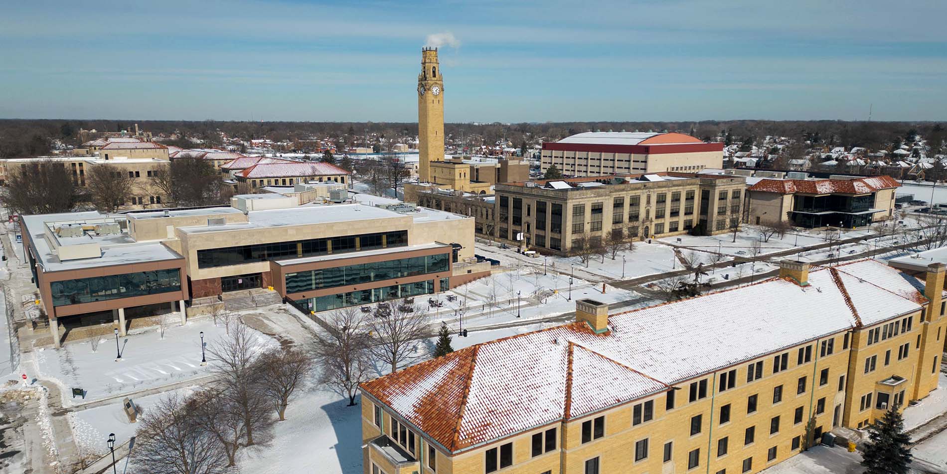 The McNichols Campus is covered in snow during the winter as seen through this aerial drone photo.
